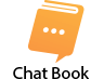 Orange speech bubble shaped like a book with three white dots in the center.