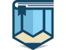 A stylized logo showing a blue, geometric shield with a bookmark design at the top left corner.