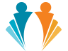 Abstract logo with two stylized human figures, one in blue and one in orange, forming a symmetrical shape.