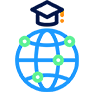A globe with interconnected nodes topped by a graduation cap symbolizes global education and connectivity.