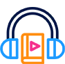 Icon of a smartphone with a play button on the screen, surrounded by a pair of headphones.
