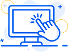 Illustration of a computer monitor with a hand icon clicking the screen, surrounded by abstract shapes.