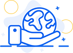 Illustration of a hand holding a globe, symbolizing global support or care. The background features abstract shapes and small stars.