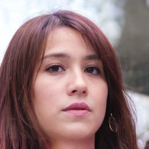 A person with shoulder-length brown hair is looking slightly away from the camera. They have hoop earrings and a neutral expression.