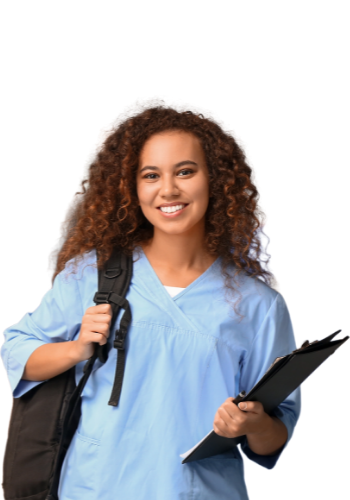 Smiling person in blue scrubs holding a clipboard and a backpack, standing against a plain black background.