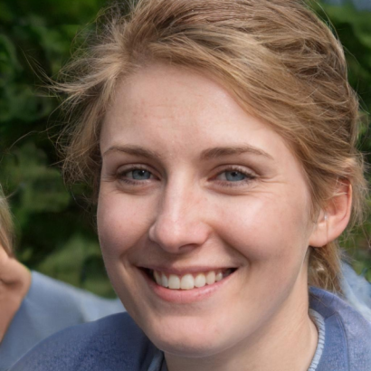 Smiling person with short, wavy, light brown hair, wearing a blue shirt. Green foliage is visible in the blurred background. Smiling person with short, wavy, light brown hair, wearing a blue shirt. Green foliage is visible in the blurred background.